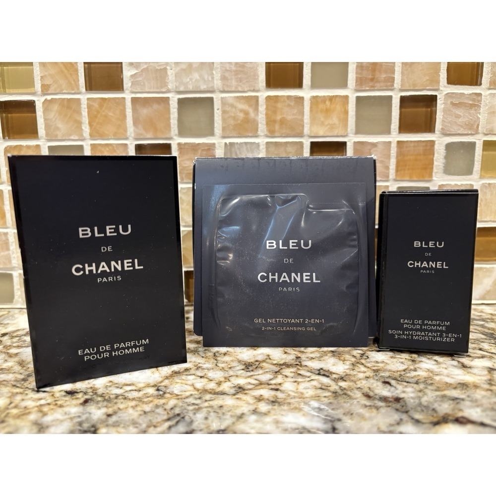Bleu de Chanel 3pc Set Boxed EDP Sample + Moisturizer + Cleansing Gel New